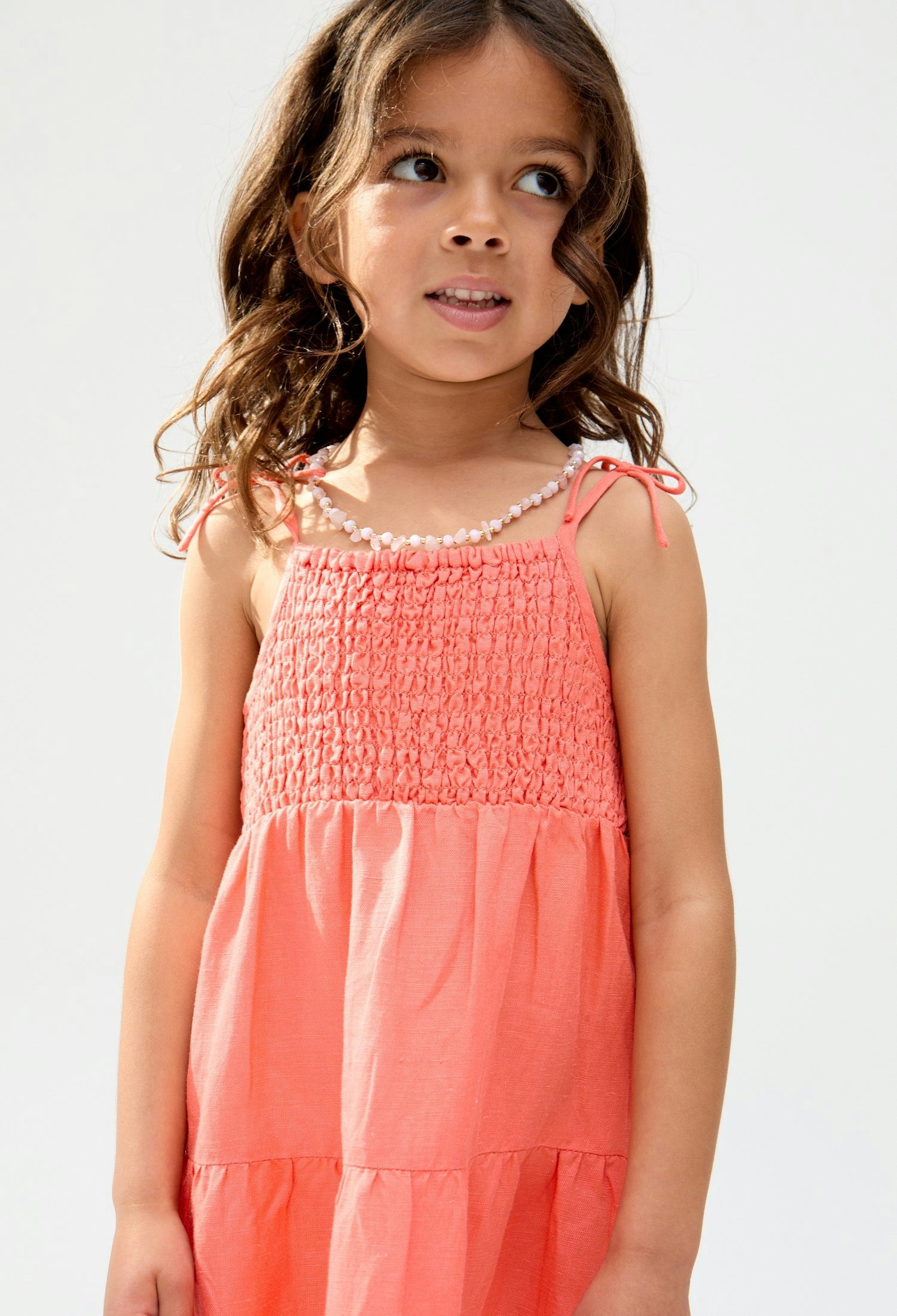 Robe Enfant Emma à Corsage Froncé et Broderie Festonnée – Orange