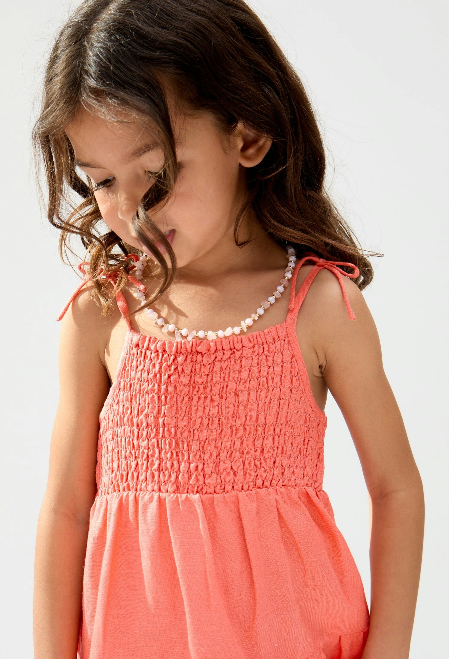 Robe Enfant Emma à Corsage Froncé et Broderie Festonnée – Orange